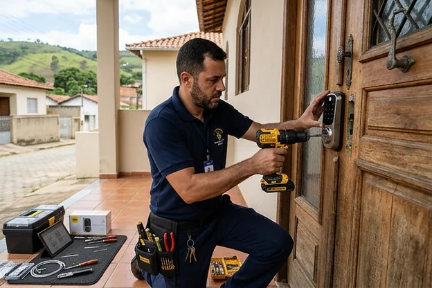 Chaveiro instalando um sistema de segurança em uma casa em Ubá.