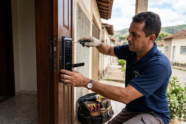 Fechadura digital instalada em uma porta em Ubá.